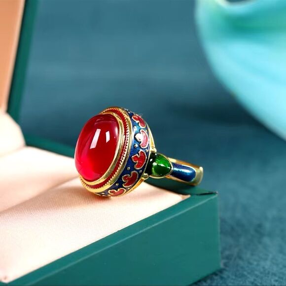 Red  Cabochon Enamel Ring - Picture 1 of 17